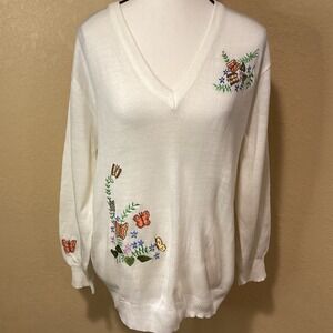 Vintage Ades of California Sweater White V-Neck, Embroidered Flowers/Butterflies